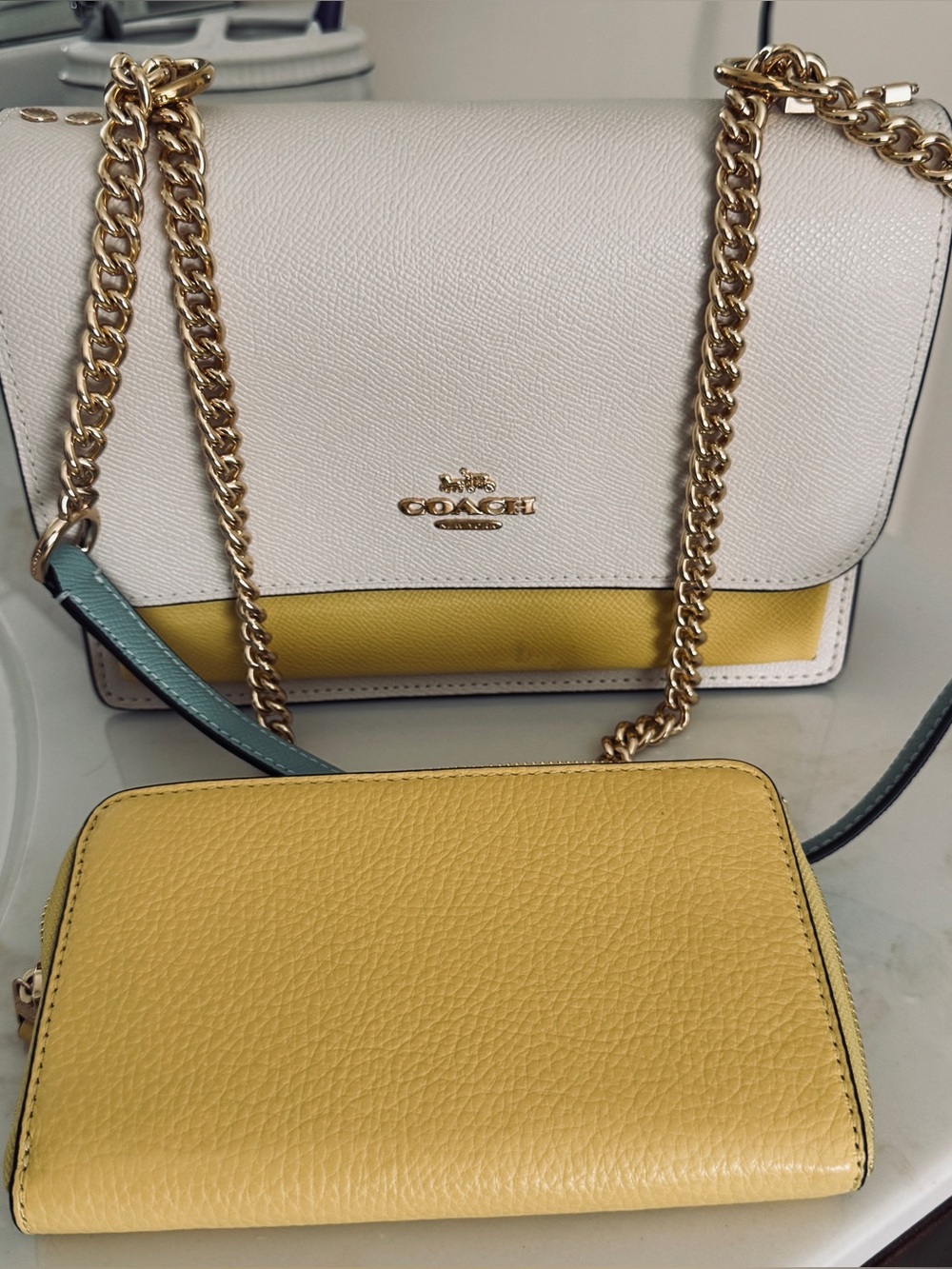 Coach White and Yellow Leather Chain Crossbody Wallet
